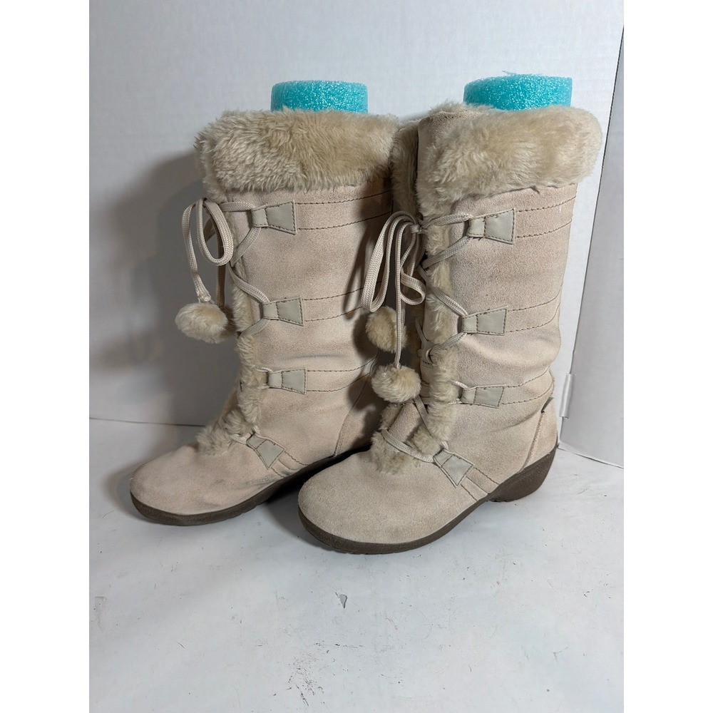 Sporto Womens Tan Faux Fur Trim Pom Pom Lace Up Wedge Winter Boots Size 8.5
